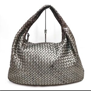 Bottega leather  Veneta Metallic Silver Intrecciato Hobo Bag